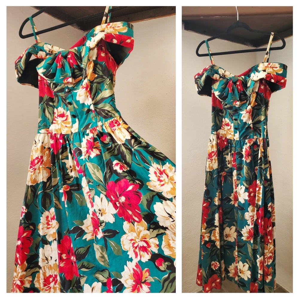 50's 60s VTG S.L Fashions Shoulder Split Off Shoulder Floral Knee Length Dress